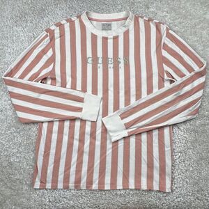 Guess Los Angeles Retro Pink White Striped Long Sleeve Shirt Unisex Mens Medium